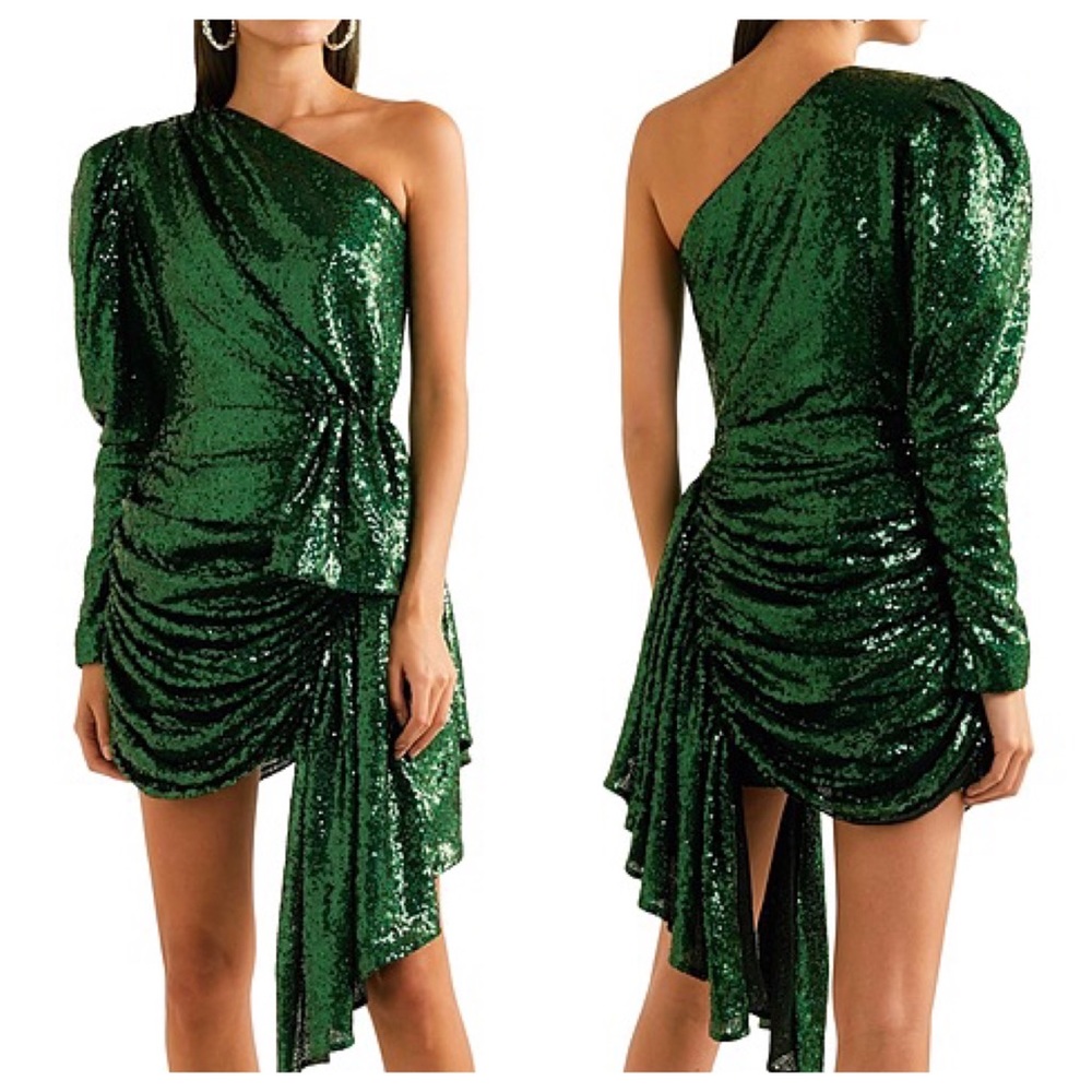 16Arlington One Sleeve Draped Sequined Tulle Mini Dress Green Size UK 8 US 4 - Picture 12 of 15